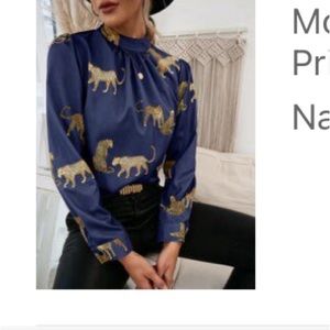 Mock neck jaguar print long sleeve blouse